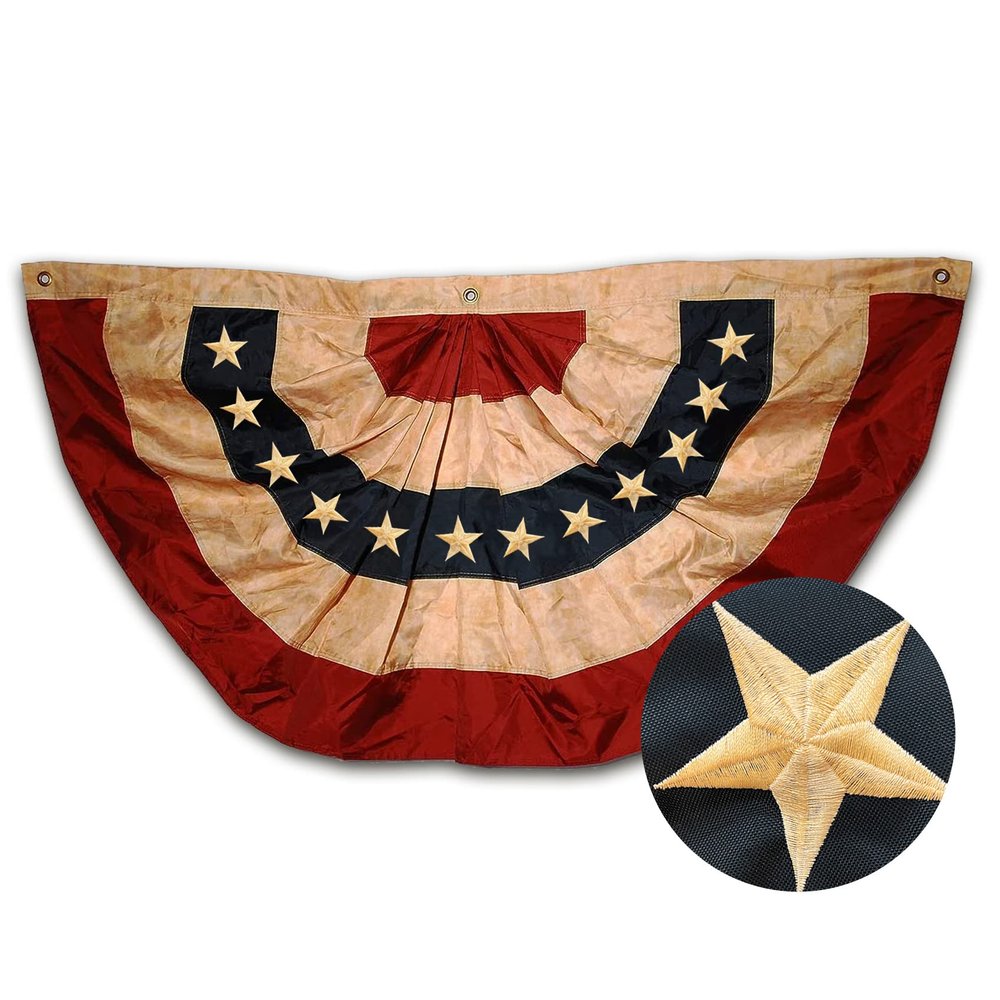 Morigins 2x4 FT Tea Stained Antique US American Flag Bunting Half Fan Fully Pleated Embroidered Stars 48x25 Inch