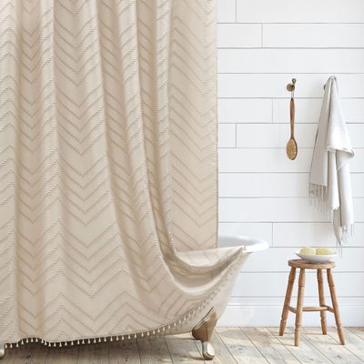 Siiluminisoy Extra Long Farmhouse Boho Chevron Shower Curtain, Woven Fabric 96 in Beige Shower Curtain, 72 x 96, Tufted Striped, Modern Chic Textured Shower Curtain Set Minimalist Bathroom Decor