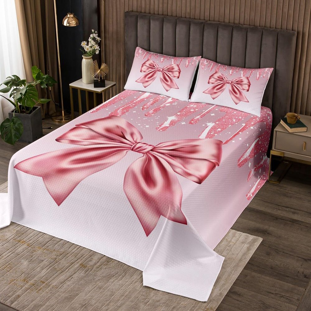 Pink Bowknot Kids Bedspread Twin Size,Pink Shimmer Dreamy Bow Tie Coverlet Set,Girls Boys Adults Room Decor,Feminine Glamorous Fashion Quilted Coverlet,Romantic Chic Bedding Quilt,1 Pillowcase