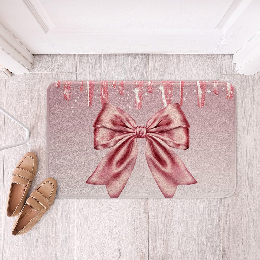 Pink Bowknot Kids Bath Mats,Pink Shimmer Dreamy Bow Tie Mats Rugs,Girls Boys Adults Home Decor,Feminine Glamorous Fashion Bath Carpets,Romantic Chic Bath Rugs,Absorbent Floor Mats,16Wx24L Inches