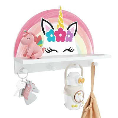 Garybank Unicorn Wall Shelf Decor for Girls Bedroom, Rainbow Decoration Kids Coat Rack with Hooks, Floating Stand Wall Mounted Kids Coat Rack Decor for Girls Bedroom, Wooden Peg Shelf for Clothes