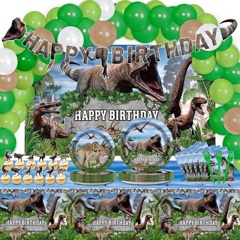 189 Pcs Dinosaur Birthday Party Supplies Set Dinosaur Party Decorations Kit Dinosaur Plates for Birthday Party Includes 24 Guests Tablecloth Backdrop Banners Cake Topper Baby Shower Kids Party Favors