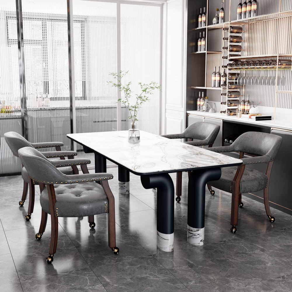 JESONVID Set of 4 Dining Chair with Casters, Accent Captains Chairs with Wheels & Arms,Wheeled Roller Wood Chairs for Kitchen & Game Poker Table,Cherry&Grey 1533GY(NO Table!)