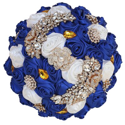 7 Inch Wedding Bouquet Satin Rose Bridal Holding Bridesmaid Gold Pearl Brooch Artificial Flower Bouquet for Indoor Church Wedding, Bridal Shower, Toss Bouquet, Quinceanera (Royal Blue White)