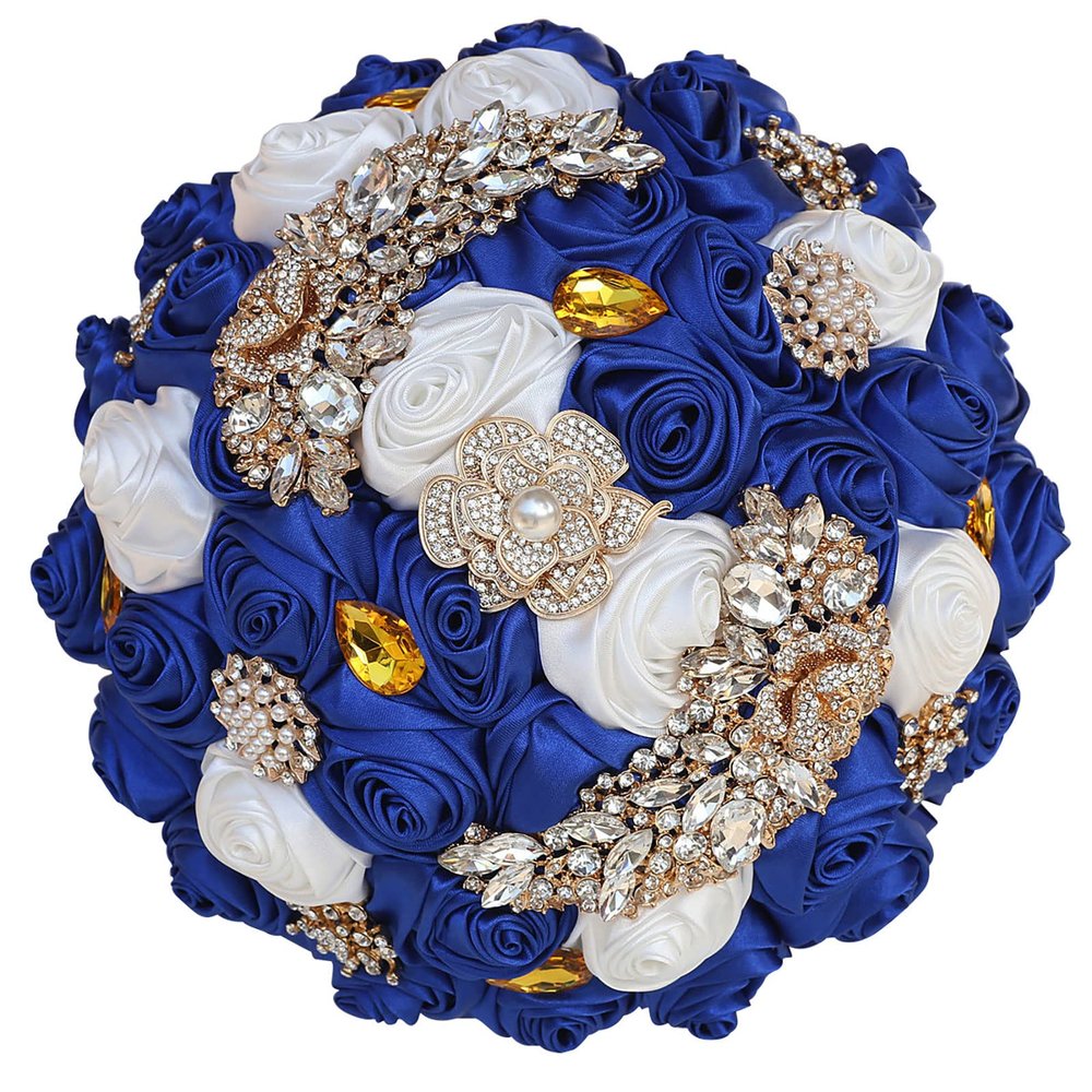 7 Inch Wedding Bouquet Satin Rose Bridal Holding Bridesmaid Gold Pearl Brooch Artificial Flower Bouquet for Indoor Church Wedding, Bridal Shower, Toss Bouquet, Quinceanera (Royal Blue White)