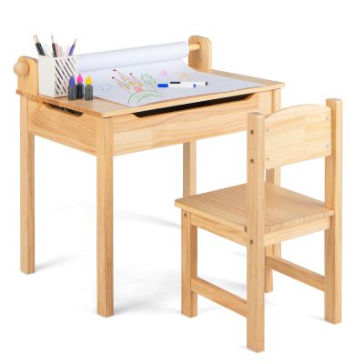 Costzon Kids Table and Chair Set, Flip Top Kids Art Craft Table w/Chair for Playroom Kindergarten, Toddler Drawing Writing Desk Set w/Paper Roll & 2 Markers, Gift for Boys Girls Ages 3+ (Natural)