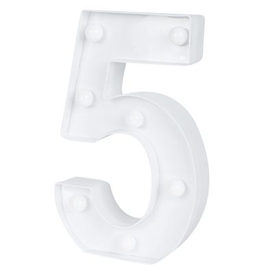 Restaurantware Illumify 7.1 x 1.2 x 8.7 Inch Light Up Number 1 Durable Marquee LED Light - Number 5 Touchproof White Plastic Party Light Keyhole Slot For Parties Weddings Or Special Events