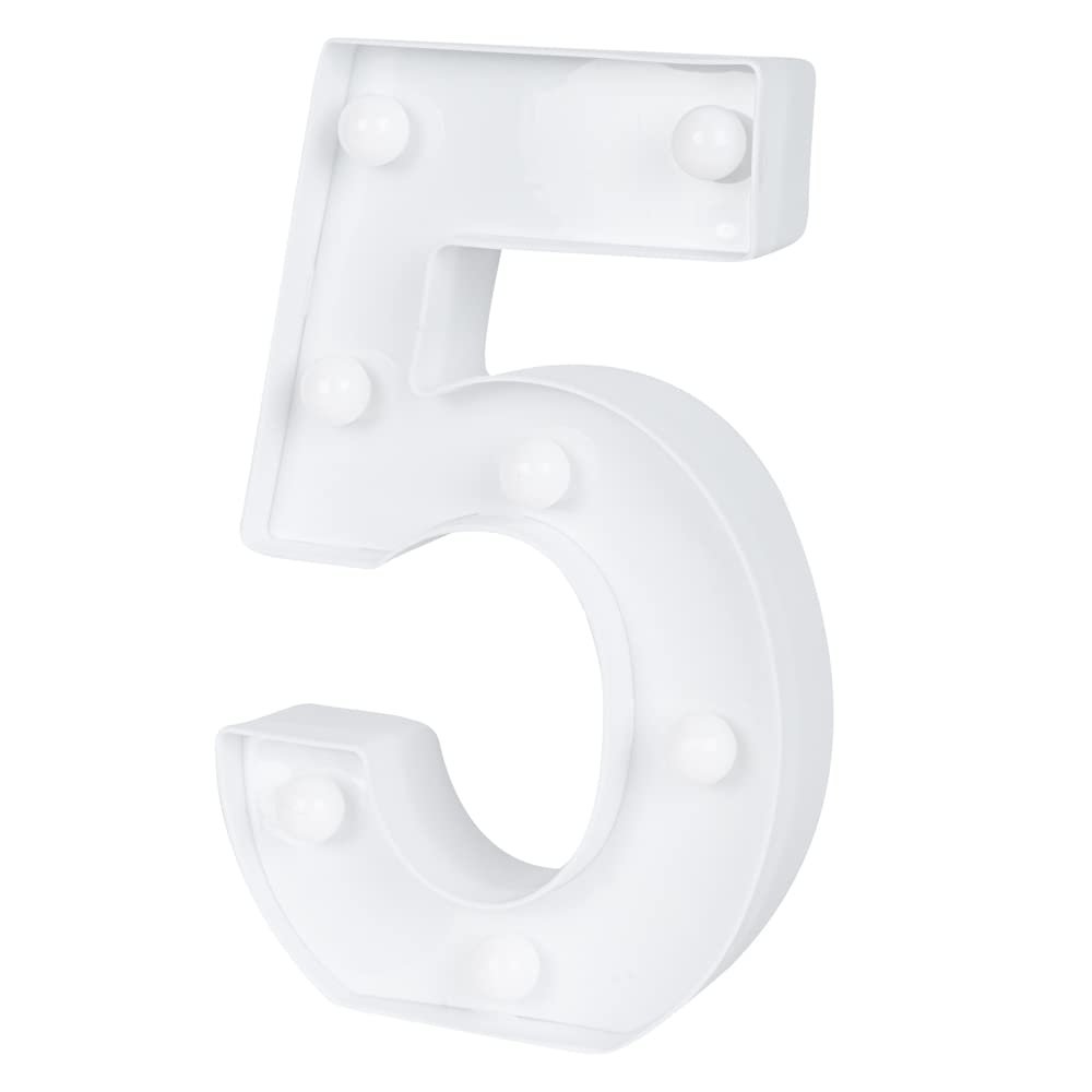 Restaurantware Illumify 7.1 x 1.2 x 8.7 Inch Light Up Number 1 Durable Marquee LED Light - Number 5 Touchproof White Plastic Party Light Keyhole Slot For Parties Weddings Or Special Events
