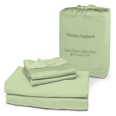 Femini Fashion 100% Organic Cotton Bed Sheets 800-Thread-Count, 24-Inch Deep-Pocket, Crisp 4-Piece Bed Sheet Set (1 Flat Sheet, 1 Fitted Sheet, 2 Pillowcases) - Twin, Sage
