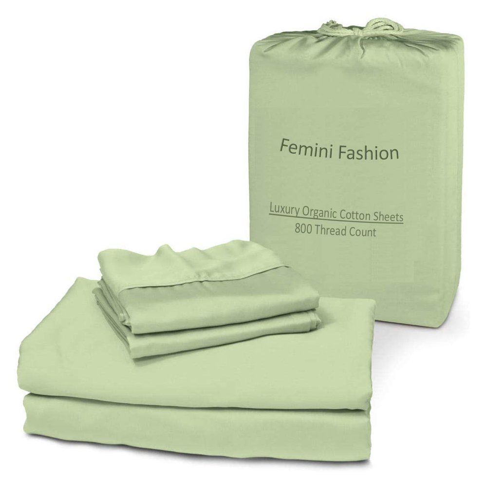 Femini Fashion 100% Organic Cotton Bed Sheets 800-Thread-Count, 24-Inch Deep-Pocket, Crisp 4-Piece Bed Sheet Set (1 Flat Sheet, 1 Fitted Sheet, 2 Pillowcases) - Twin, Sage