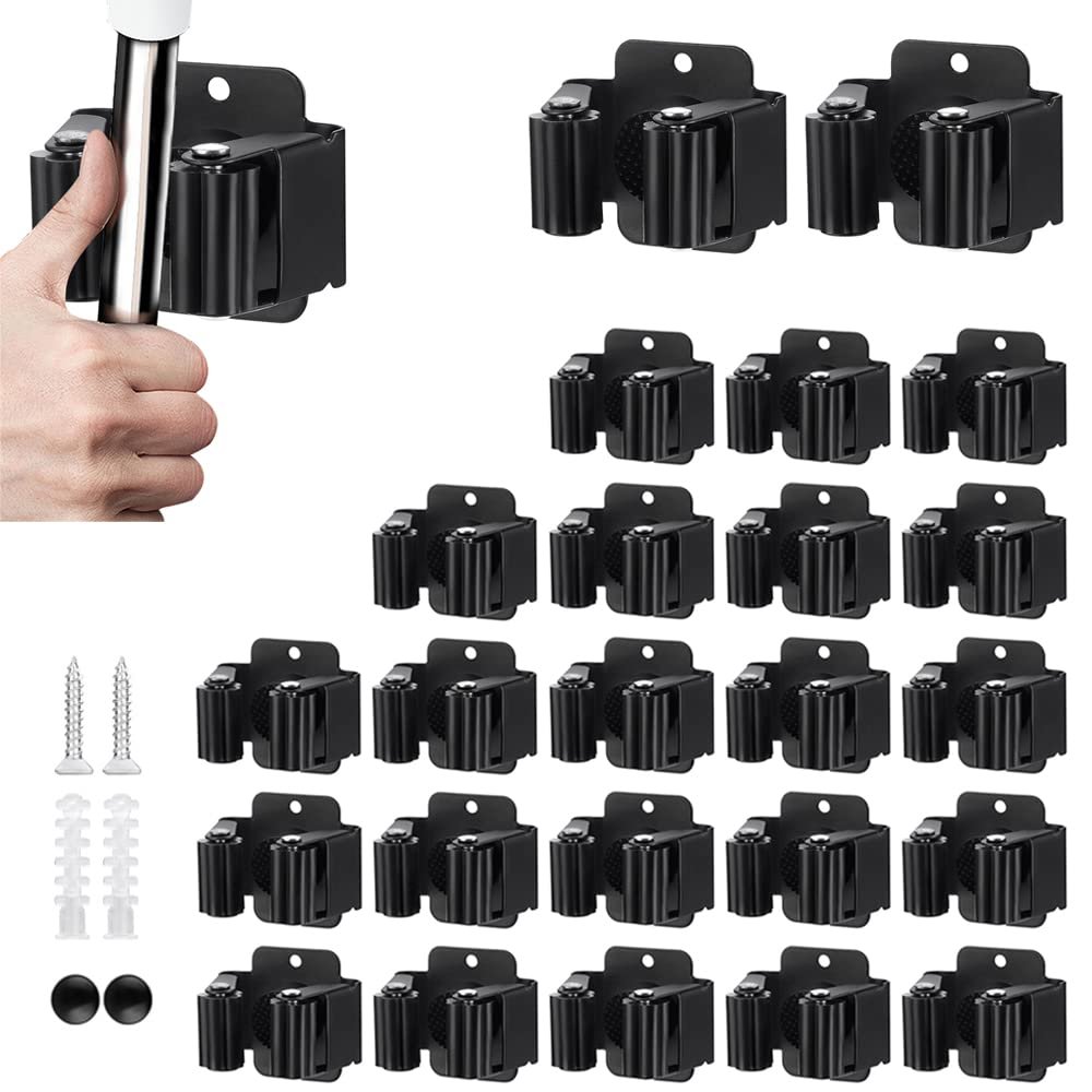 JAMEND CLXP 24PCS Broom and Mop Holder, Heavy Duty Garden Tool Organizer Rack Rake and Shovel Handle, Stainless Steel Mop Hanger. Wall Mounted with Screws.Matte Black