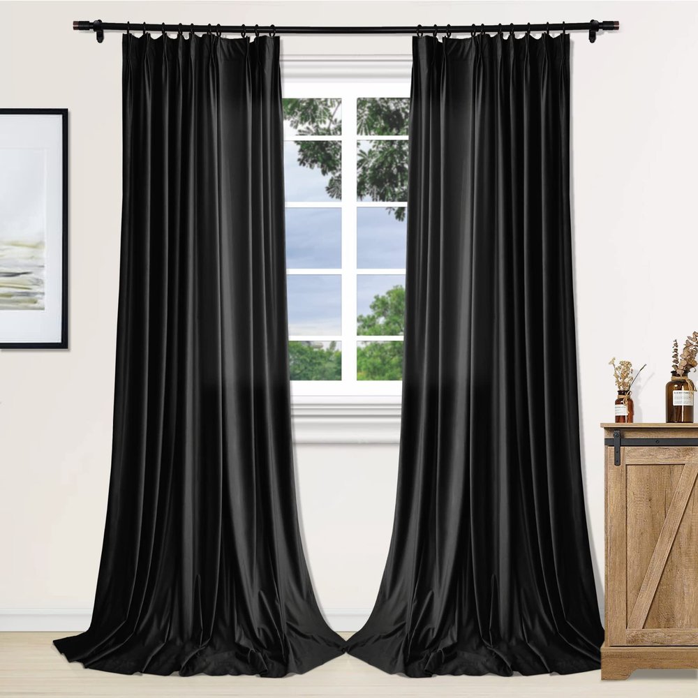 Fcosie Velvet Drapery Panels Pinch Pleat Drapes for Living Room, W 72 x L 102 Inches (1 Panel), Thermal Insulated Room Darkening Curtains for Bedroom, Noise Reducing Curtains for Window, Black