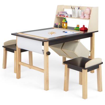 Costzon Kids Art Table and Chair Set, Wooden Activity Table and 2 Stools w/a Paper Roll, 2 Markers, 2 Storage Bins for 3+ Years Old Boys Girls Drawing Painting Craft, Toddler Table and Chairs (Brown)