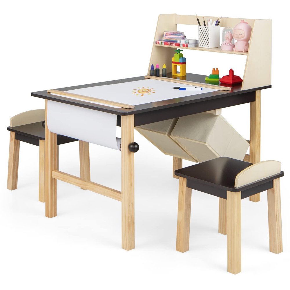 Costzon Kids Art Table and Chair Set, Wooden Activity Table and 2 Stools w/a Paper Roll, 2 Markers, 2 Storage Bins for 3+ Years Old Boys Girls Drawing Painting Craft, Toddler Table and Chairs (Brown)