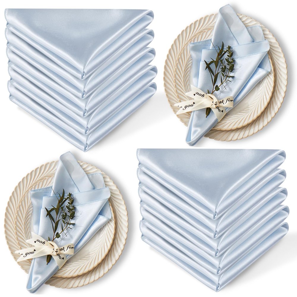 Cobedzy 12 Pack Satin Table Cloth Napkins, 17x17 Inch Baby Blue Silky Wedding Napkins Cloth Washable, Luxury Dining Table Cloth Napkins Set for Birthday Holiday Party Dinner Restaurant