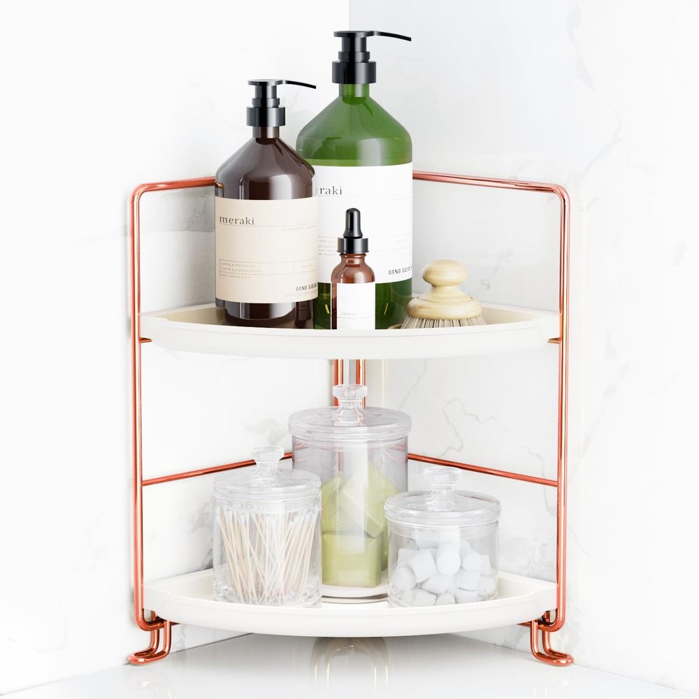 FSyueyun 2-Tier Corner Bathroom Counter Organizer, Tool-Less Installation Vanity Shelf Small Plastics Countertop Makeup Tray Skincare Perfume Organizers (Rose Gold)