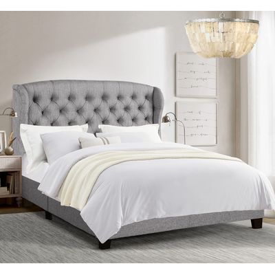 Rosevera Marcelle Bed Frame,Wingback Bed Frame with Signature Design Adjustable Headboard,Upholstered with Button Tufting Bed for Bedroom,Wood Slat Support,Eesy Assembly,King,Classic Gray