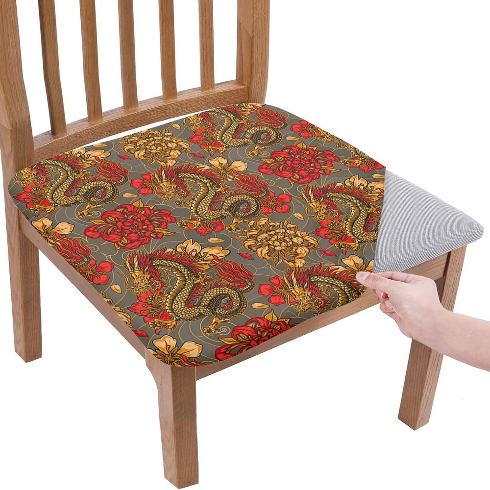 6 Packs Chinese Dragon Seat Covers for Dining Chairs,Stretch Fitted Chair Seat Protectors Decorative Office Computer Desk Chair Cushion Removable Washable Slipcovers,Red Gold Retro Oriental Floral Art