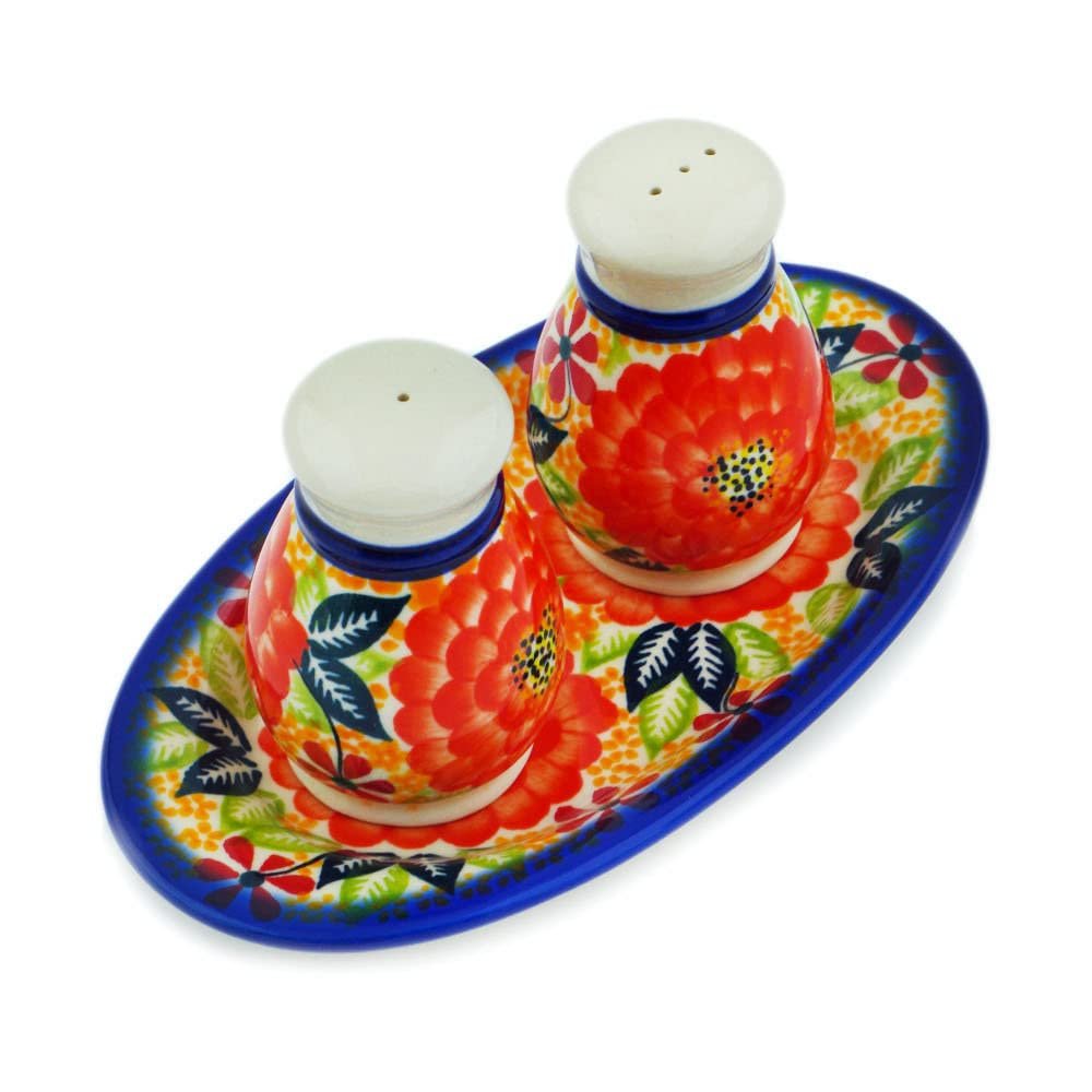Polmedia Polish Pottery Salt and Pepper Set UNIKAT - Red Fantasy Pattern Handmade in Boleslawiec Poland by Ceramika Bona + Certificate of Authenticity