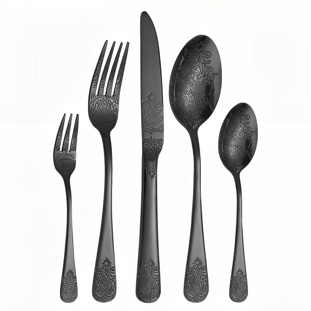 20-Piece Set of Printed Cutlery Set Kitchen Silverware Tableware Main Stainless Steel Knife and Fork Spoon Commercial Steak Coffee Western Tableware (Black)