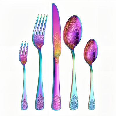 20-Piece Set of Printed Cutlery Set Kitchen Silverware Tableware Main Stainless Steel Knife and Fork Spoon Commercial Steak Coffee Western Tableware (Rainbow color)
