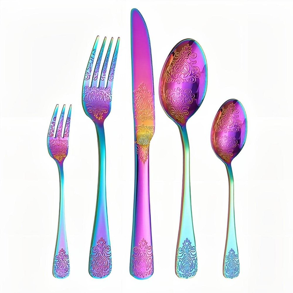 20-Piece Set of Printed Cutlery Set Kitchen Silverware Tableware Main Stainless Steel Knife and Fork Spoon Commercial Steak Coffee Western Tableware (Rainbow color)