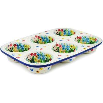 Polmedia Polish Pottery Muffin Pan UNIKAT - Colors Of The Wind Pattern Handmade in Boleslawiec Poland by Ceramika Artystyczna + Certificate of Authenticity