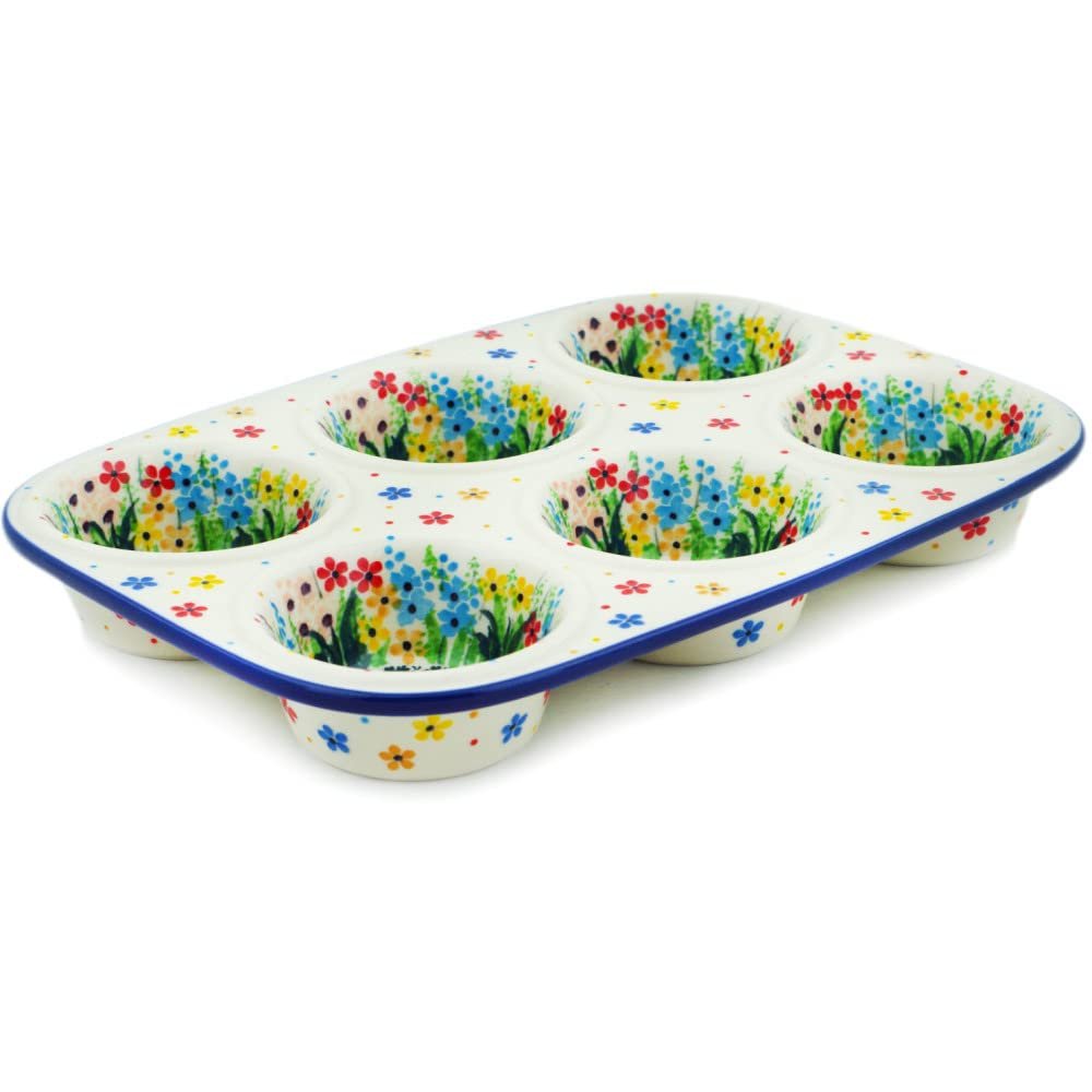 Polmedia Polish Pottery Muffin Pan UNIKAT - Colors Of The Wind Pattern Handmade in Boleslawiec Poland by Ceramika Artystyczna + Certificate of Authenticity