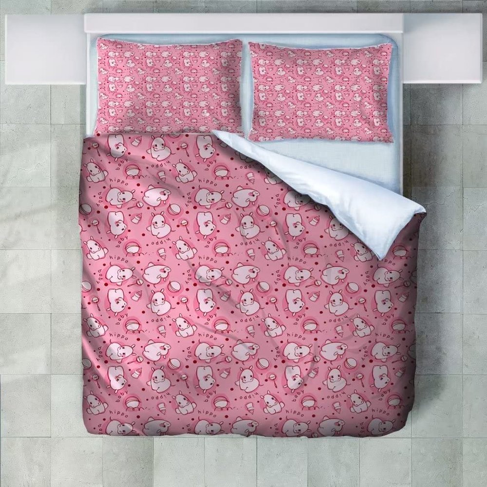 Pink Cartoon Hippopotamus Twin Duvet Cover Feeding Bottle Twin Comforter Cover Kids Duvet Cover with Zipper Closure Breathable Soft Friendly Microfiber Duvet Cover 68"x 90" + 2 Pillow Shams 20"x 26"