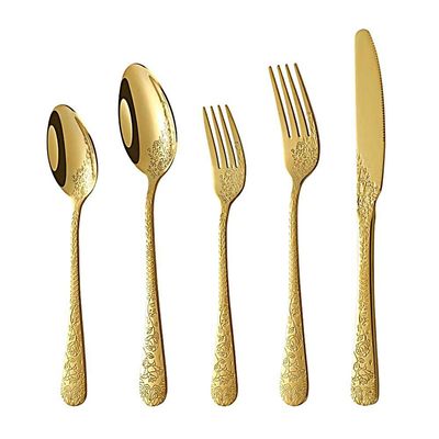 20-Piece Set of Rose Printing Cutlery Set Kitchen Silverware Tableware Main Stainless Steel Knife and Fork Spoon Commercial Steak Coffee Western Tableware (Golden)