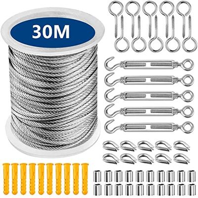 30M Wire Rope Cable Hooks Hanging Kit Flexible PVC Coated Stainless Steel Clothesline