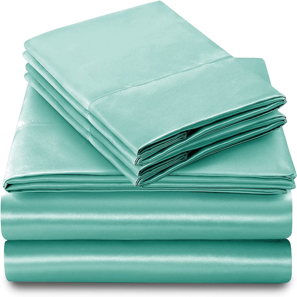 Pure Luxury Silk Satin Sheet Set 4 Piece King Size (78x80)+ 15 Inch Deep Pocket Aqua Blue Color Soft Pure Luxury Silk Satin Sheet for King Size Bedding Set