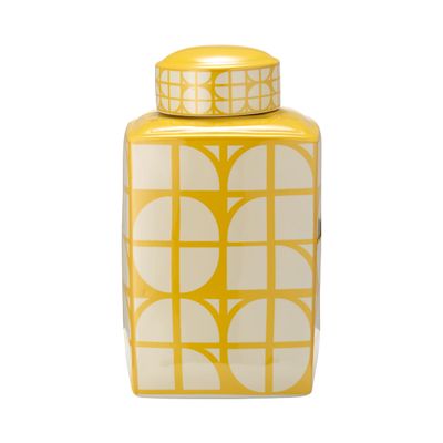16" Square Jar with Lid - Ceramic Yellow and White Retro Geometric Design Stoneware - Decorative Jar for Home or Office Accent