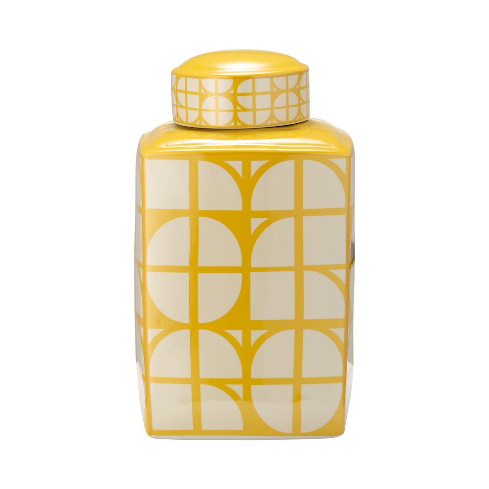 16" Square Jar with Lid - Ceramic Yellow and White Retro Geometric Design Stoneware - Decorative Jar for Home or Office Accent