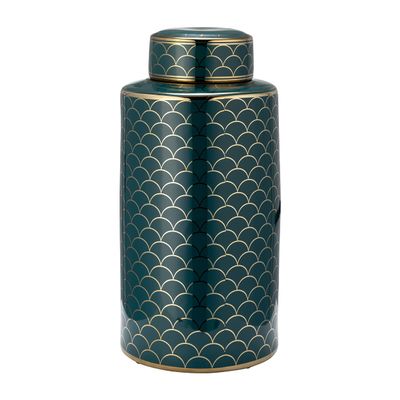 16" Jar with Lid - Modern Ceramic Dark Green and Gold Crackle Design Stoneware - Decorative Jar for Home or Office Accent