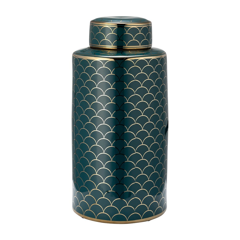 16" Jar with Lid - Modern Ceramic Dark Green and Gold Crackle Design Stoneware - Decorative Jar for Home or Office Accent