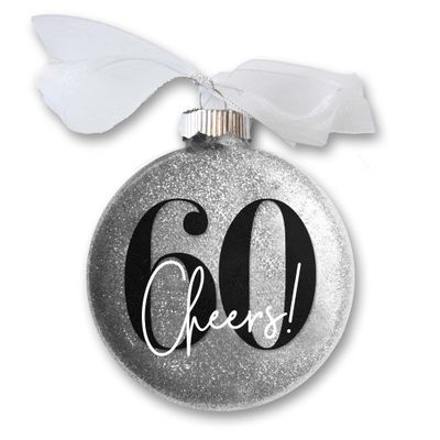60th Birthday Christmas Ornament, Cheers to 60 Years Gift for Him or Her, Turning Sixty Years Old Keepsake, Sparkly Glittered Bauble with White Organza Bow (No Year)