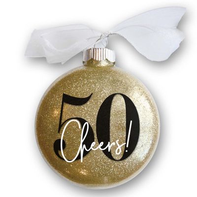 50th Birthday Christmas Ornament, Cheers to 50 Years Gift for Him or Her, Turning Fifty Years Old Keepsake, Sparkly Glittered Bauble with White Organza Bow (No Year)