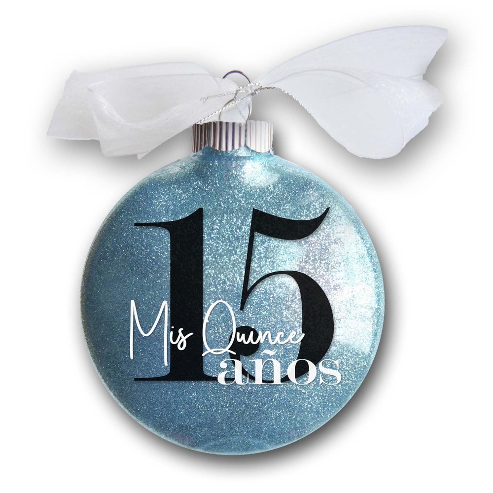 15 Mis Quince Aos Christmas Ornament, 15th Birthday Quinceaera Gift for Teen Girl, Turning Fifteen Years Old Keepsake, Sparkly Glittered Bauble with White Organza Bow (No Year)