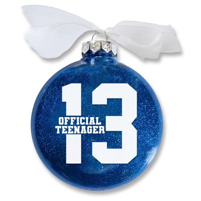 13 Official Teenager Christmas Ornament, 13th Birthday Gift for Teen Boy or Girl, Turning Thirteen Years Old Keepsake, Sparkly Glittered Bauble with White Organza Bow (No Year)