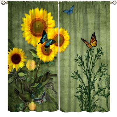 Sunflower Curtains, Green Letter Background Vintage Elegant Sunflower Butterfly Bedroom Living Room Nursery Window Decorative Curtains 52x84in