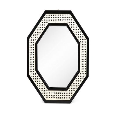 Half Moon Exchange Sydney Wall Mirror - Boho Chic Wood and Rattan Octagonal Mirror, Black and Natural