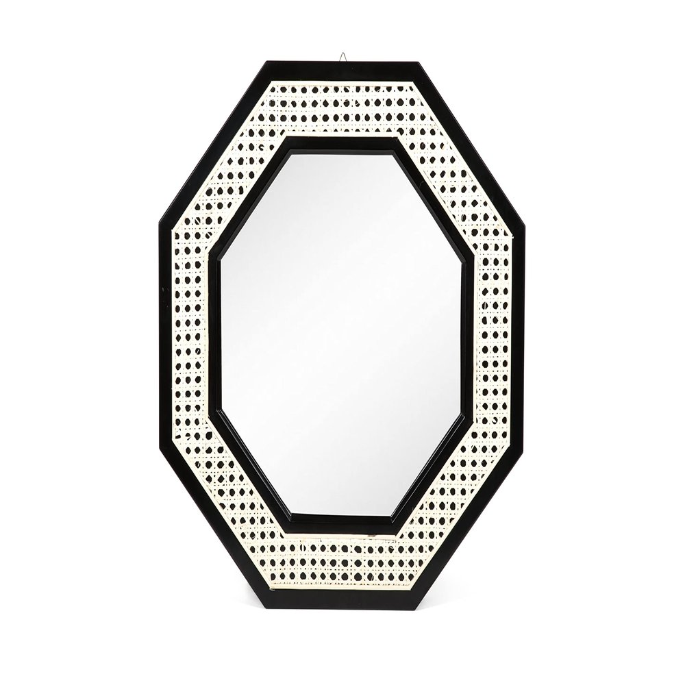 Half Moon Exchange Sydney Wall Mirror - Boho Chic Wood and Rattan Octagonal Mirror, Black and Natural