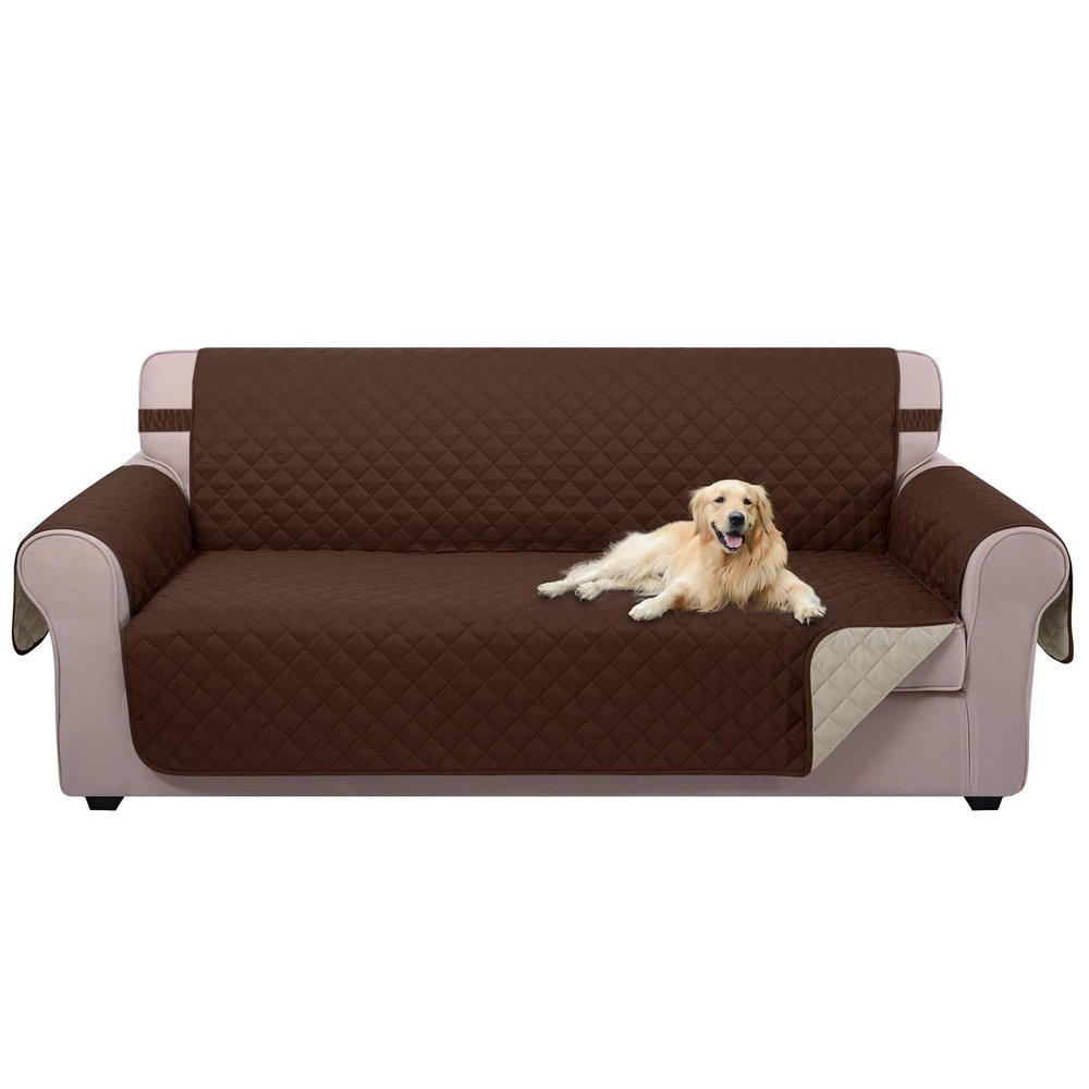 U-NICE HOME 4 Seater Sofa Cover 91 Inch Large Couch Covers for 4 Cushion Couch with Elastic Straps Water Resistant Furniture Protector Cover for Pets Cat (Sofa XX-Large, Brown/Beige)