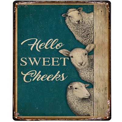 Funny Bathroom Metal Tin Signs Retro Hello Sweet Cheeks Sheep Vintage Bathroom Toilet Decoration Metal Poster Plaque for Home Bar Restaurant Cafe Wall Decor 8x12 Inch