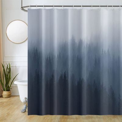 Umpoo Misty Forest Shower Curtains for Bathroom Decor Steelblue Woodland Trees Fog Fuzzy Nature Landscape Bath Curtain Machine Washable Durable Waterproof Fabric with 12 Hooks, 72x72 Inch