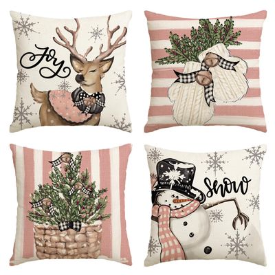 AVOIN colorlife Pink Christmas Snowman Reindeer Gloves Eucalyptus Throw Pillow Covers, 18 x 18 Inch Winter Holiday Stripes Cushion Case Decoration for Sofa Couch Set of 4