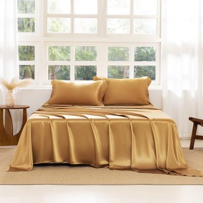 THXSILK Silk Sheet Set 4 Pcs, Queen Size Sheet Set, 22 Momme 7A+ Silk Sheets, Soft and Breathable Bed Sheets with 1 Flat Sheet, 1 Fitted Sheet, 2 Pillow Shams, Metallic Gold
