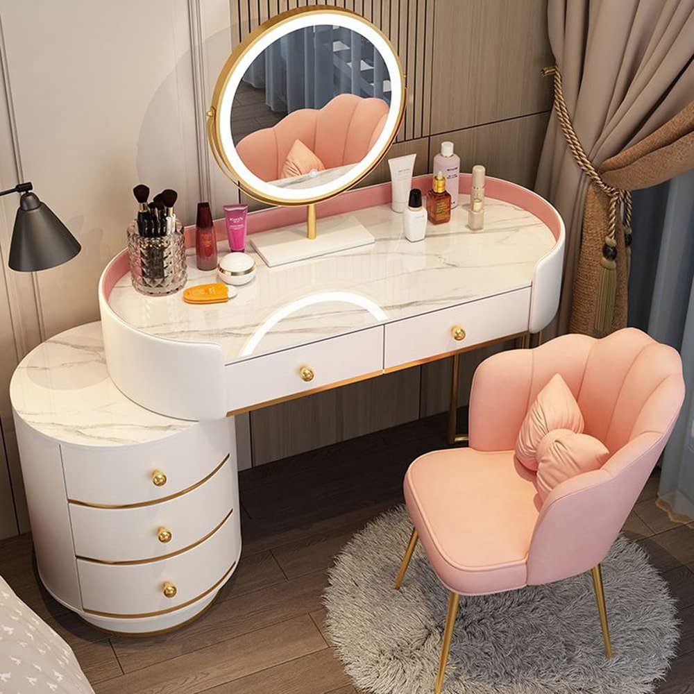 KWOKING Slate Top Makeup Vanity Desk Dressing Table Stool Set with Drawers Dressing Table with LED Dimmable Mirror Makeup Table Storage Cabinet Integrated Dressers White Pink 39" L x 16" W x 31" H