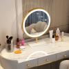 KWOKING Slate Top Makeup Vanity Desk Dressing Table Stool Set with Drawers Dressing Table with LED Dimmable Mirror Makeup Table Storage Cabinet Integrated Dressers White Pink 39" L x 16" W x 31" H view 2